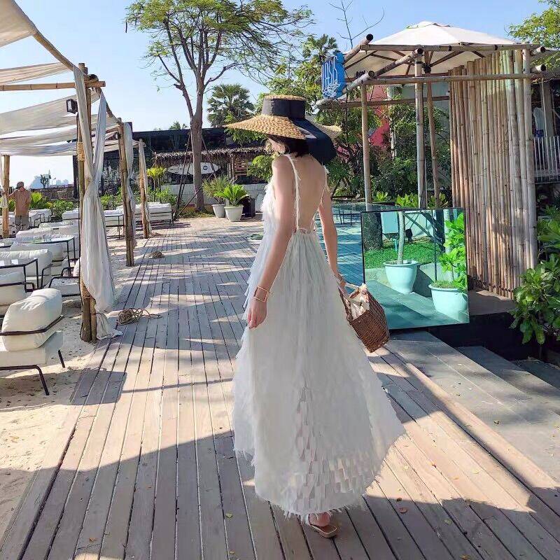 Sẵn - Váy Maxi Dài Lông Vũ Trắng Siêu Sang