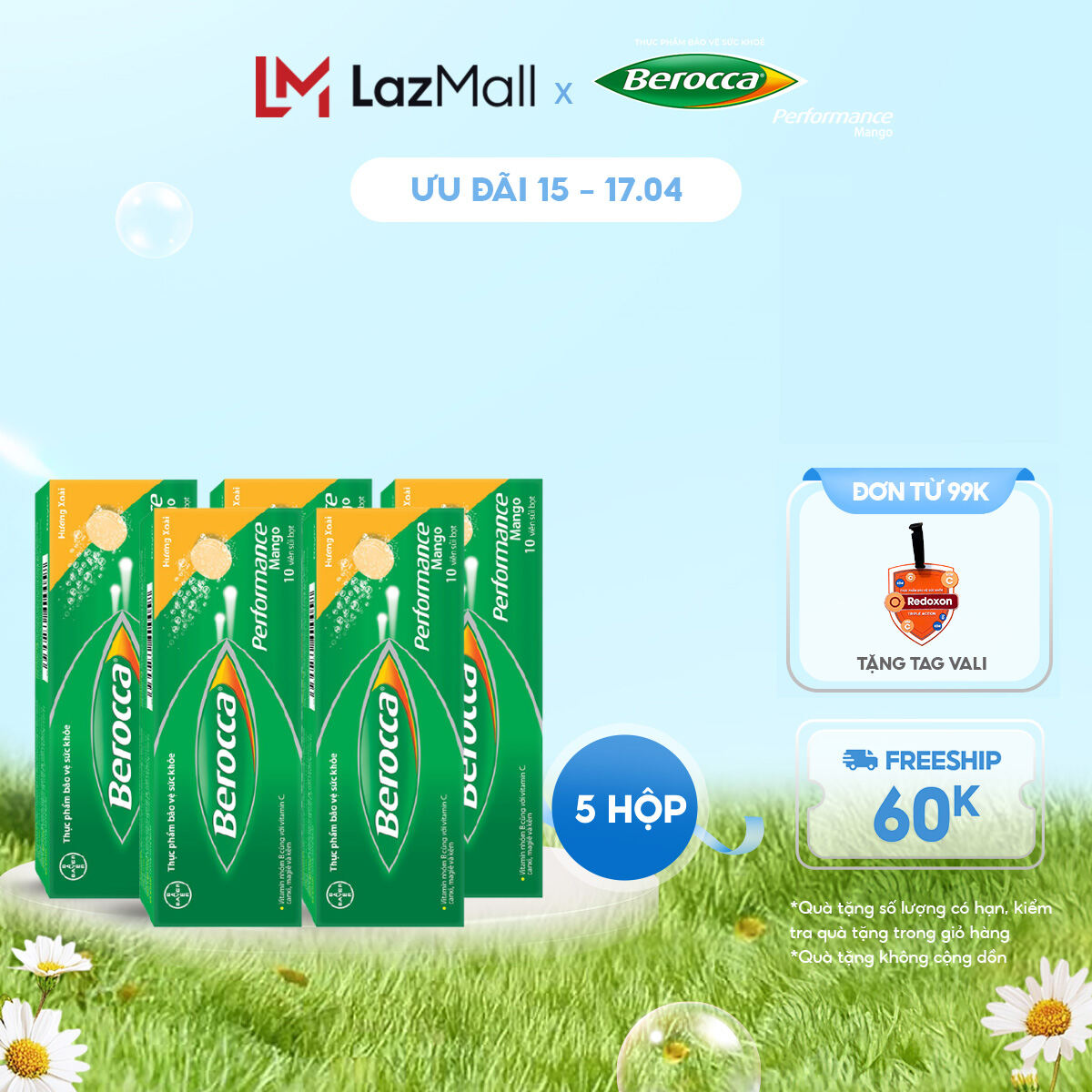 Combo 5 hộp Viên sủi bổ sung Vitamin Berocca Performance Mango 10 Viên/hộp