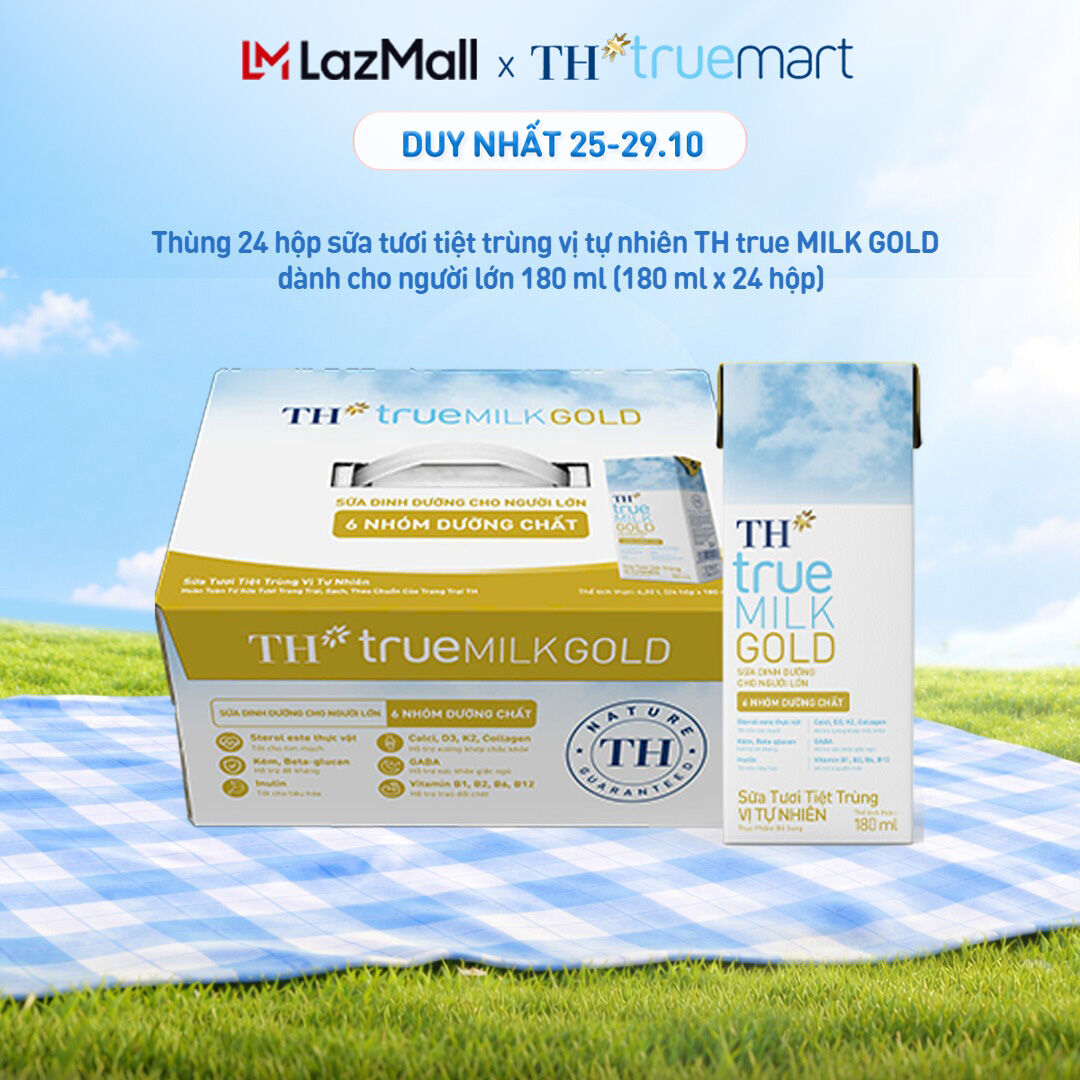 Thùng 24 hộp sữa tươi tiệt trùng vị tự nhiên TH true MILK GOLD dành cho người lớn tuổi 180 ml (180 ml x 24)