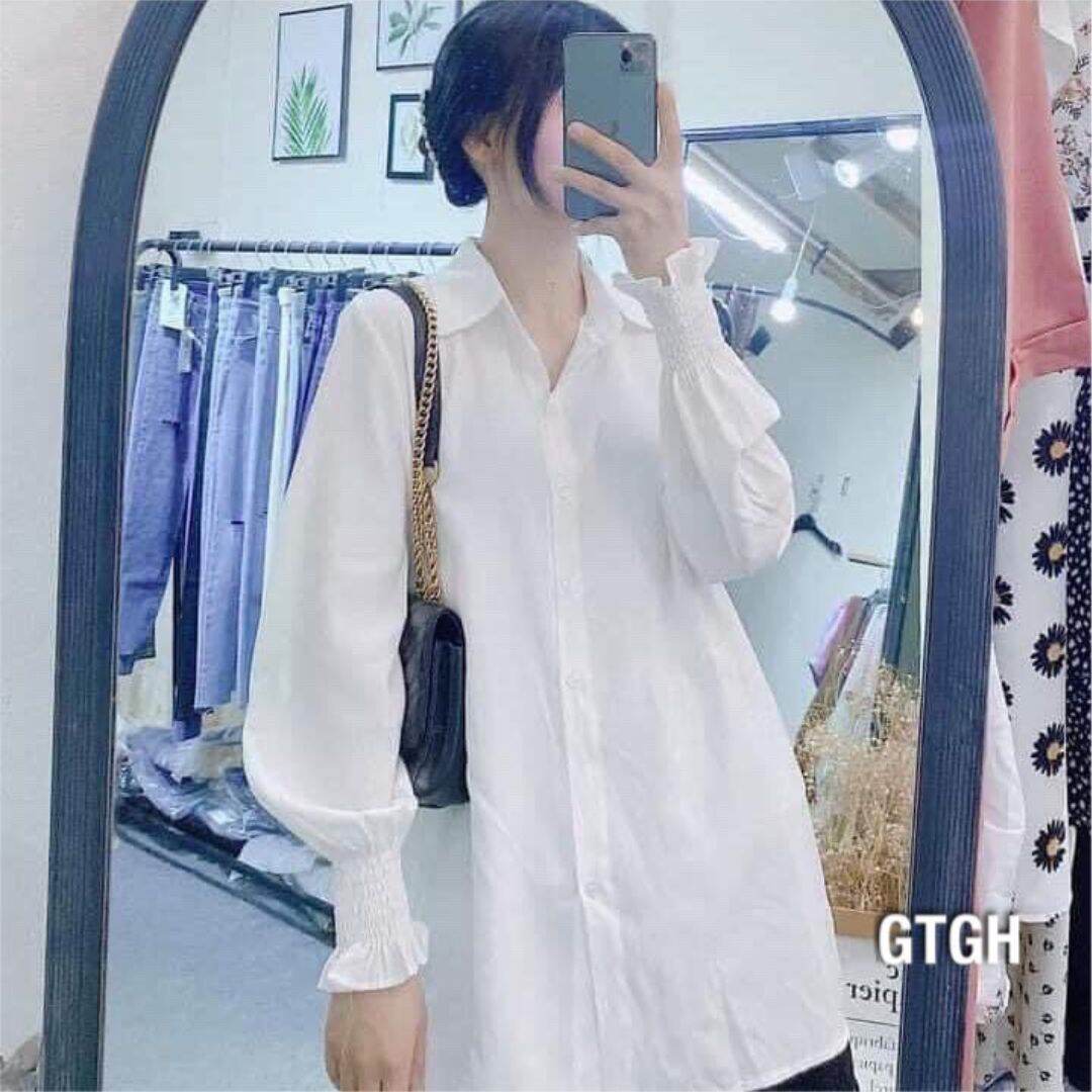 Áo sơ mi trắng oversize tay bo chun ảnh thật