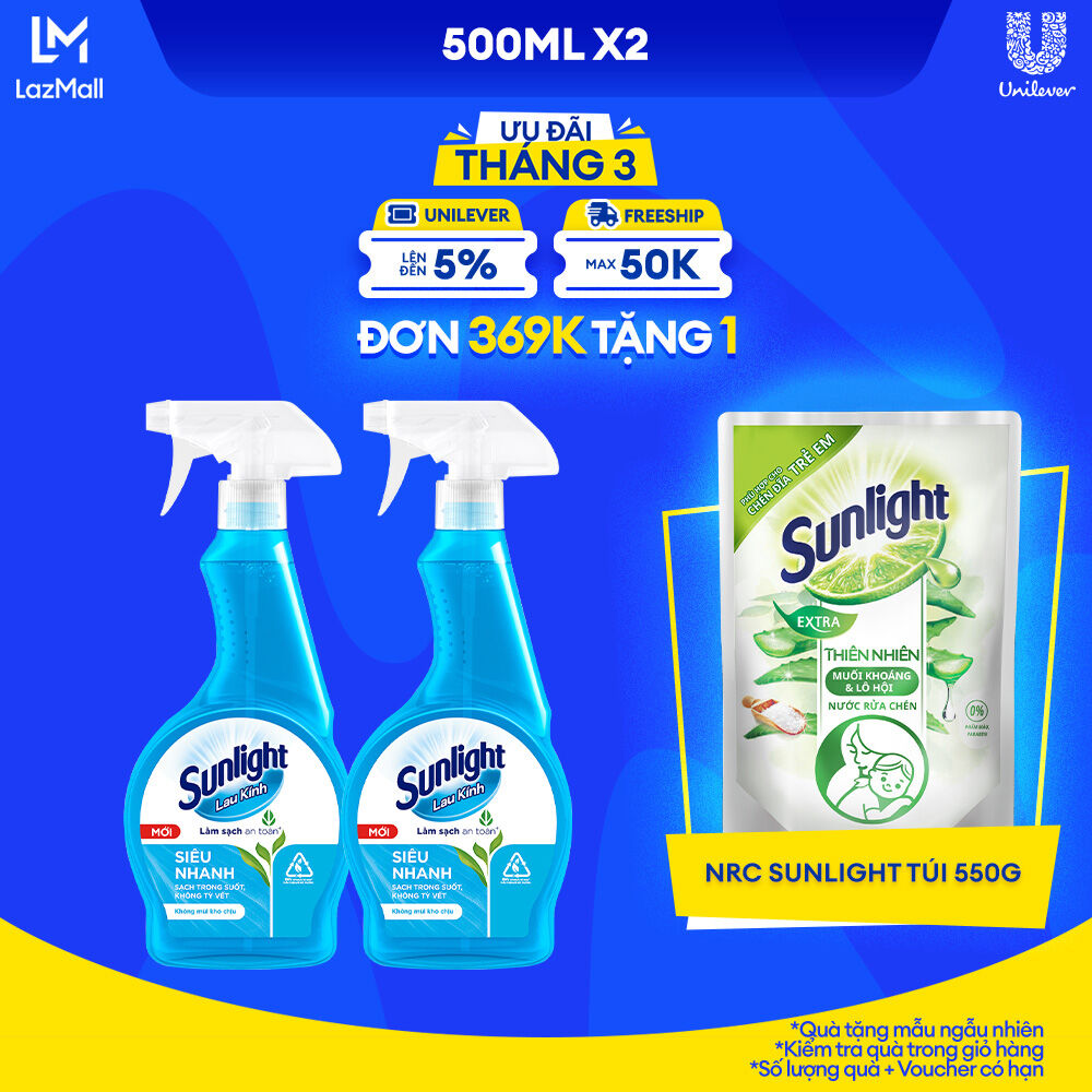 Combo 2 Nước lau kính Sunlight Siêu nhanh | Phiên bản nâng cấp từ Cif | Sạch trong suốt, không tỳ vết | Chai 520ml