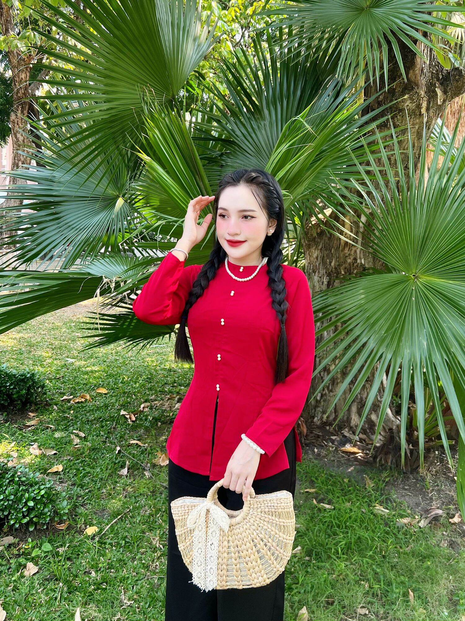 Bộ bà ba cổ tròn nút ngọc đôi tay dài suông