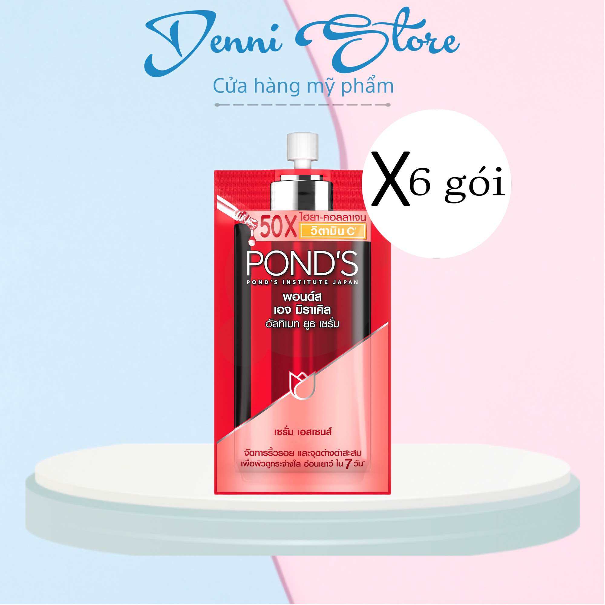 01 Hộp 6 gói Serum Pond’s Vitamin C tinh chất dưỡng sáng mờ đốm nâu POND'S Age Miracle Ultimate Youth Vitamin C HA Collagen - gói serum pond’s đỏ 7g