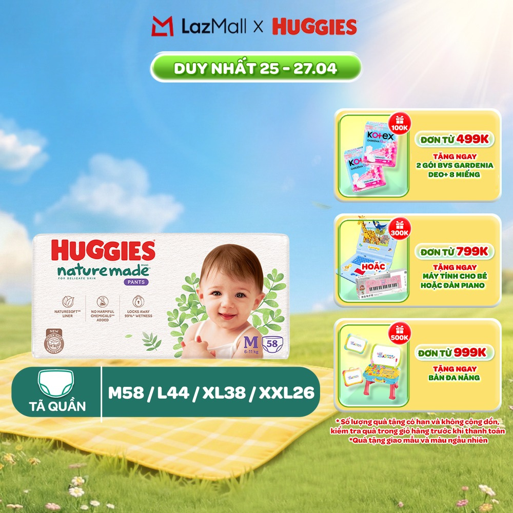 Tã/Bỉm quần Huggies NatureMade M58/ L44/ XL38/ XXL26/ XXXL28