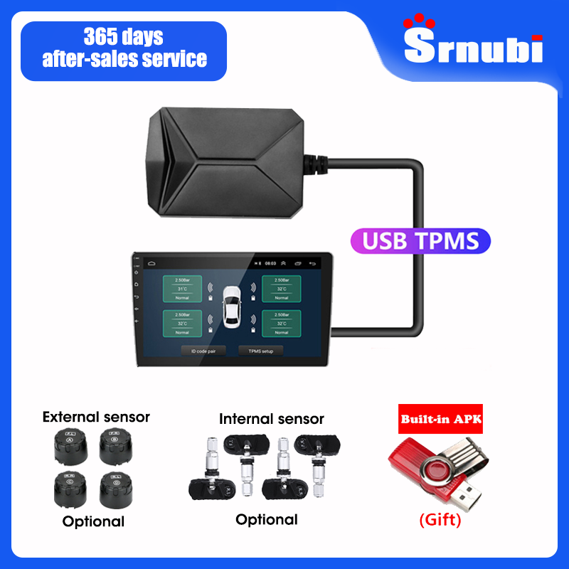 Srnubi Android Tpms Cho Radio Xe Hơi Đầu DVD Hệ Thống Giám Sát Báo Động Áp Suất Lốp Với Bên Trong Cảm Biến Bên Ngoài USB Tmps