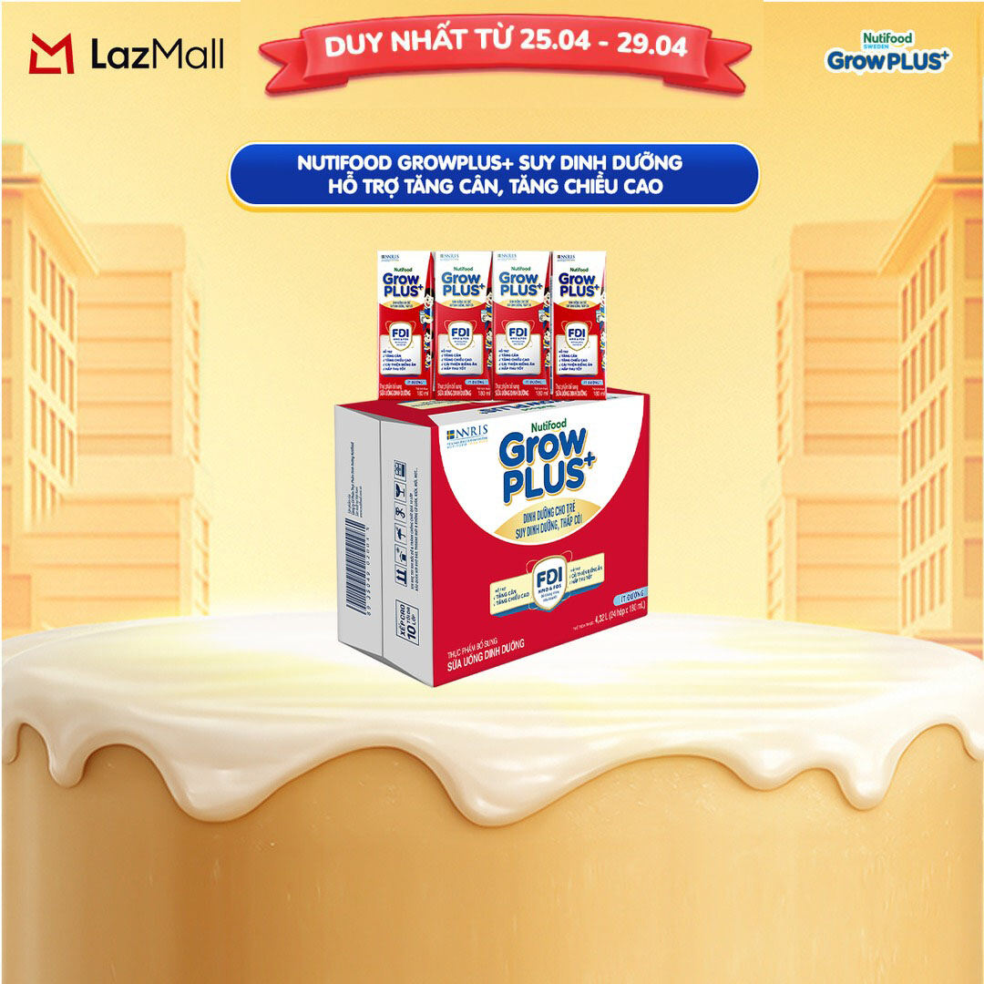 Thùng 24 hộp Sữa Nước Pha Sẵn Nutifood GrowPLUS+ Suy Dinh Dưỡng (Đỏ) - Hỗ trợ tăng cân, tăng chiều cao Ít đường 180ml - Trên 1 tuổi (Bao bì tùy đợt nhập hàng)