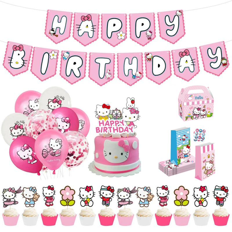 Hoạt Hình Dễ Thương Mèo Kitty Bóng Bộ Cho Bé Tắm Sinh Nhật Trang Trí Bánh Hello Topper Phông Nền Hộp