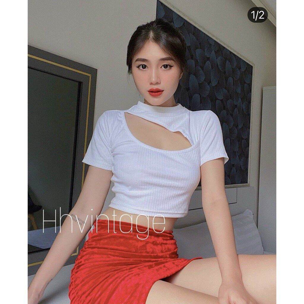 ÁO Thun Gân Khoét Ngực Croptop