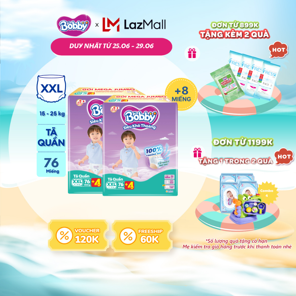 [CHỈ 25-29/6 QT Đơn 899K/1199K][TẶNG MIẾNG NGẪU NHIÊN] Combo 2 Tã/bỉm quần Bobby 3mm Mega Jumbo Gạo non Giảm nhiệt XXL76 Bao bì thay đổi theo từng đợt nhập hàng