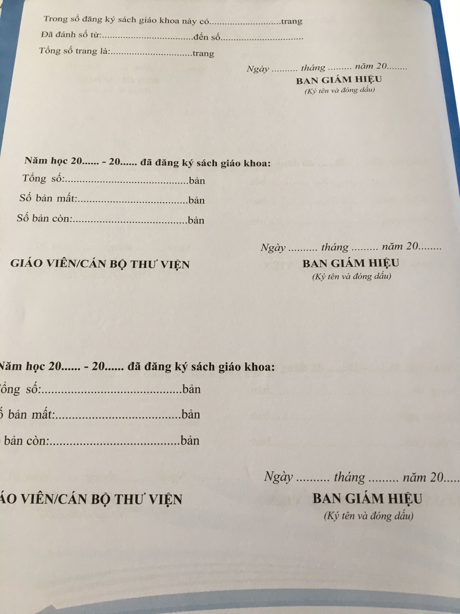 Sổ đăng kí sách giáo khoa ( Mẫu mới )