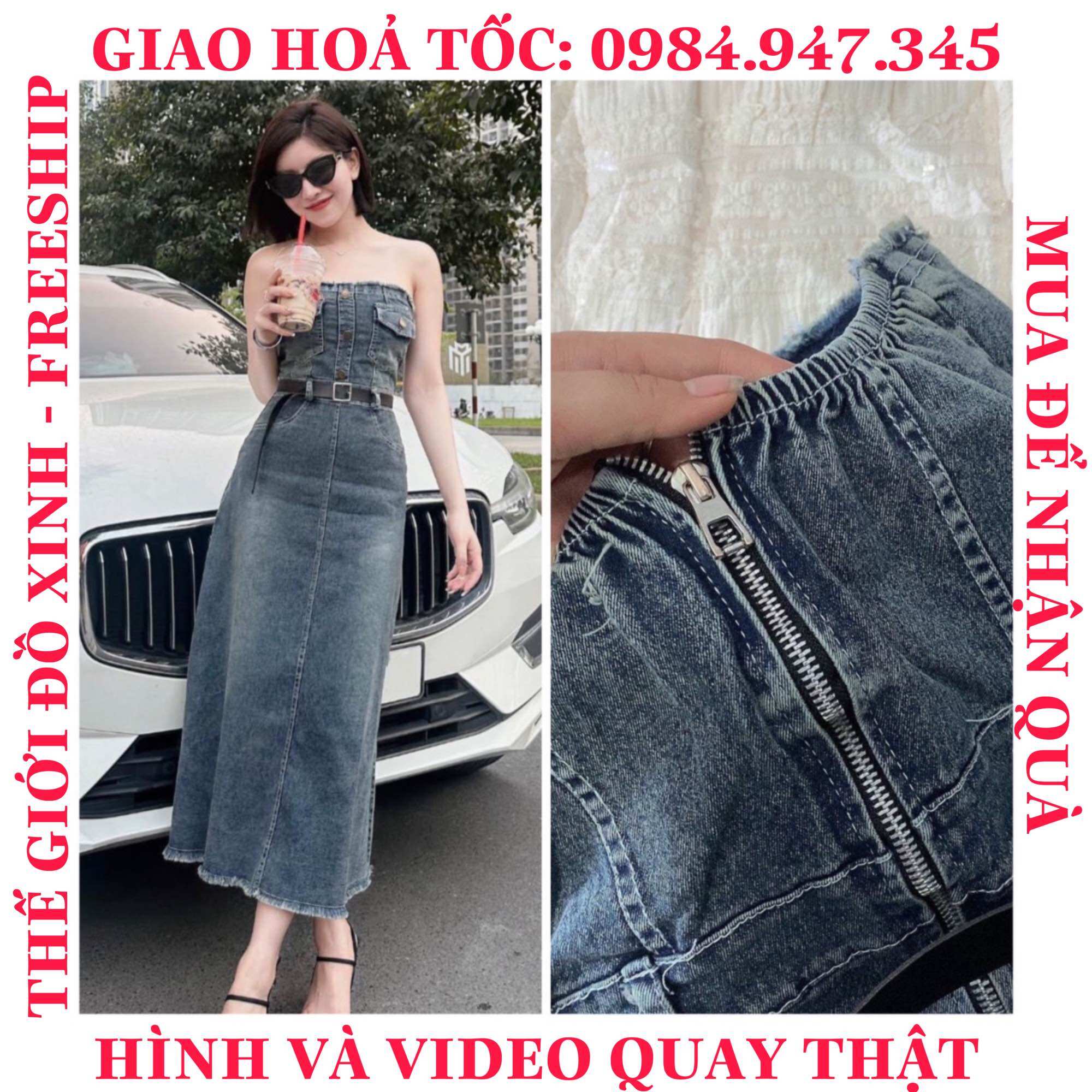 Đầm Jean ống đan dây lưng, Váy Bò xoè cá tính