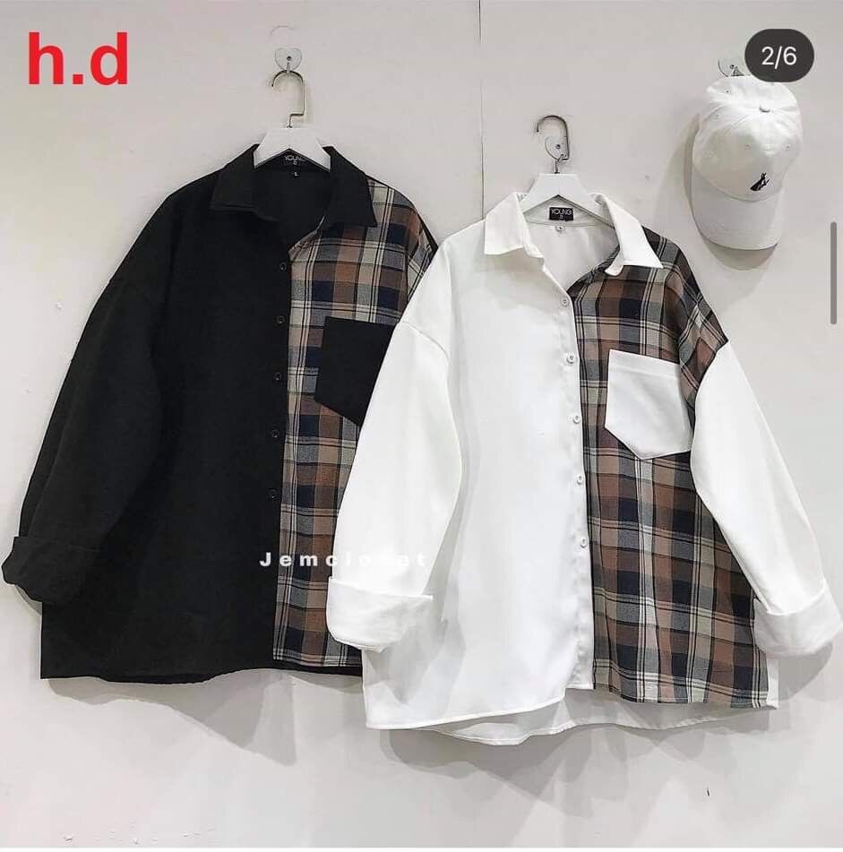 Áo sơ mi dài tay phối caro và có đính túi