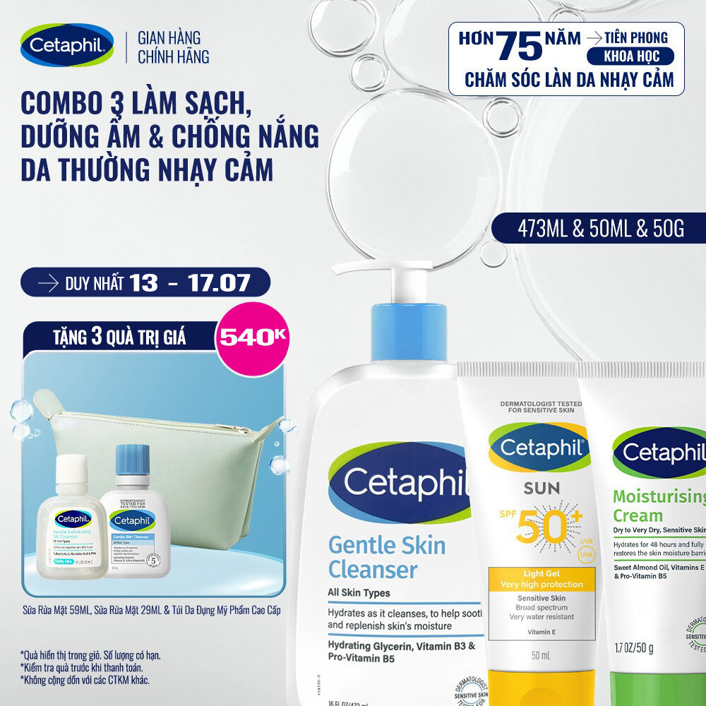 Combo 3 Bước Cetaphil Chăm Da Dịu Lành: Sữa rửa mặt 500ML + Kem dưỡng ẩm 50G + Gel chống nắng SPF50+