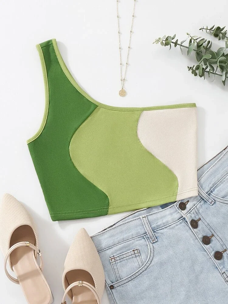 Áo croptop XANH lệch vai phối 3 màu ( 271710 )