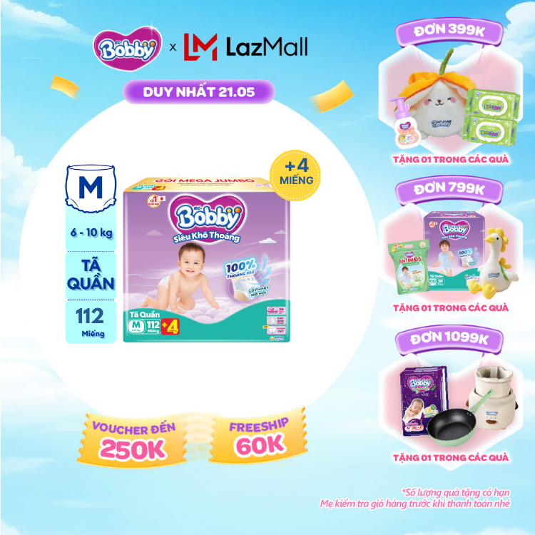 [SALE CUỐI THÁNG tặng QUÀ TO-SLCH][TẶNG MIẾNG NGẪU NHIÊN] Tã quần Bobby Siêu Khô Thoáng - 100% Thoáng Khí Mega Jumbo  M112 (số miếng tặng thay đổi theo từng đợt nhập hàng)