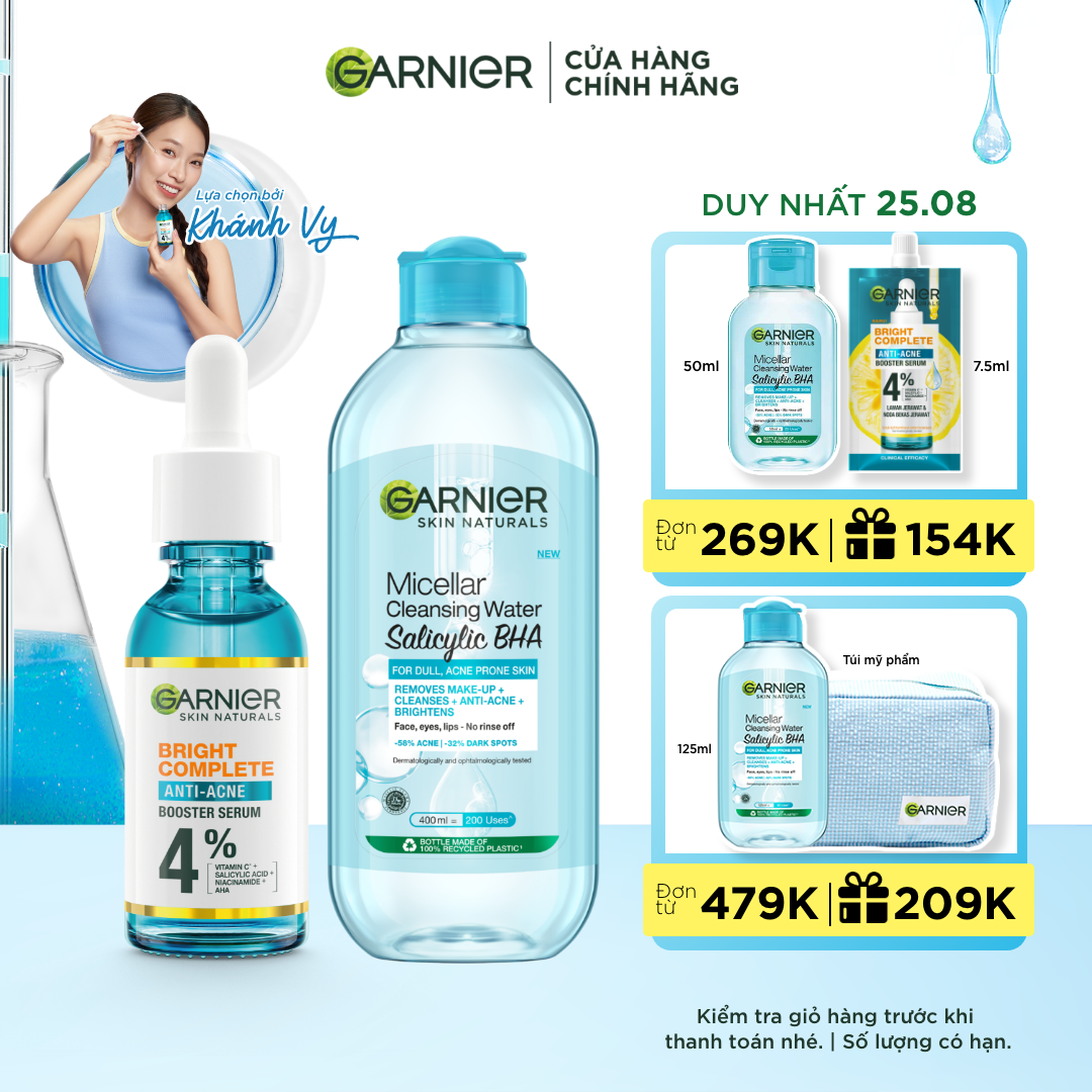 Bộ đôi dưỡng chất và nước tẩy trang làm sạch sâu, giảm mụn Garnier