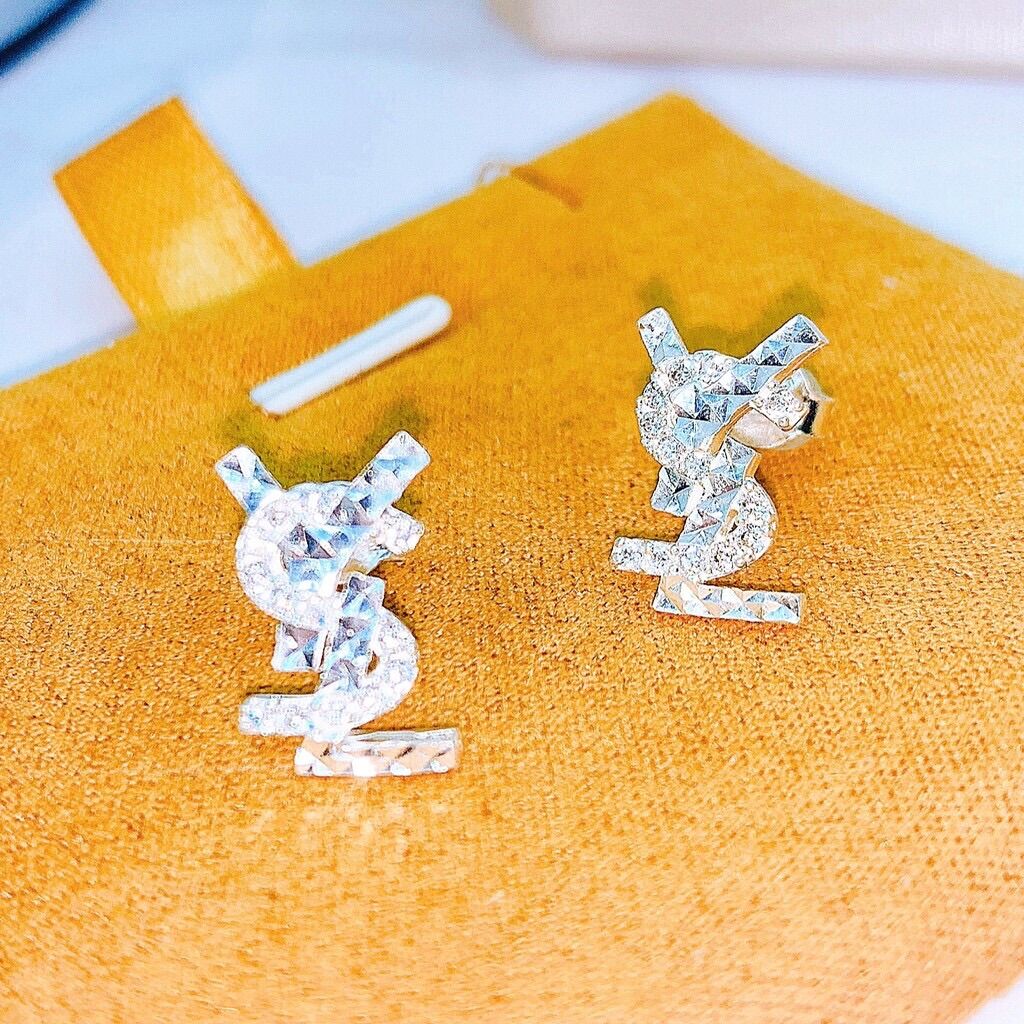 Bông tai nữ YSL mặt phay đính đá zircon, chuẩn bạc ta, tặng kèm chốt cao su chắc chắn
