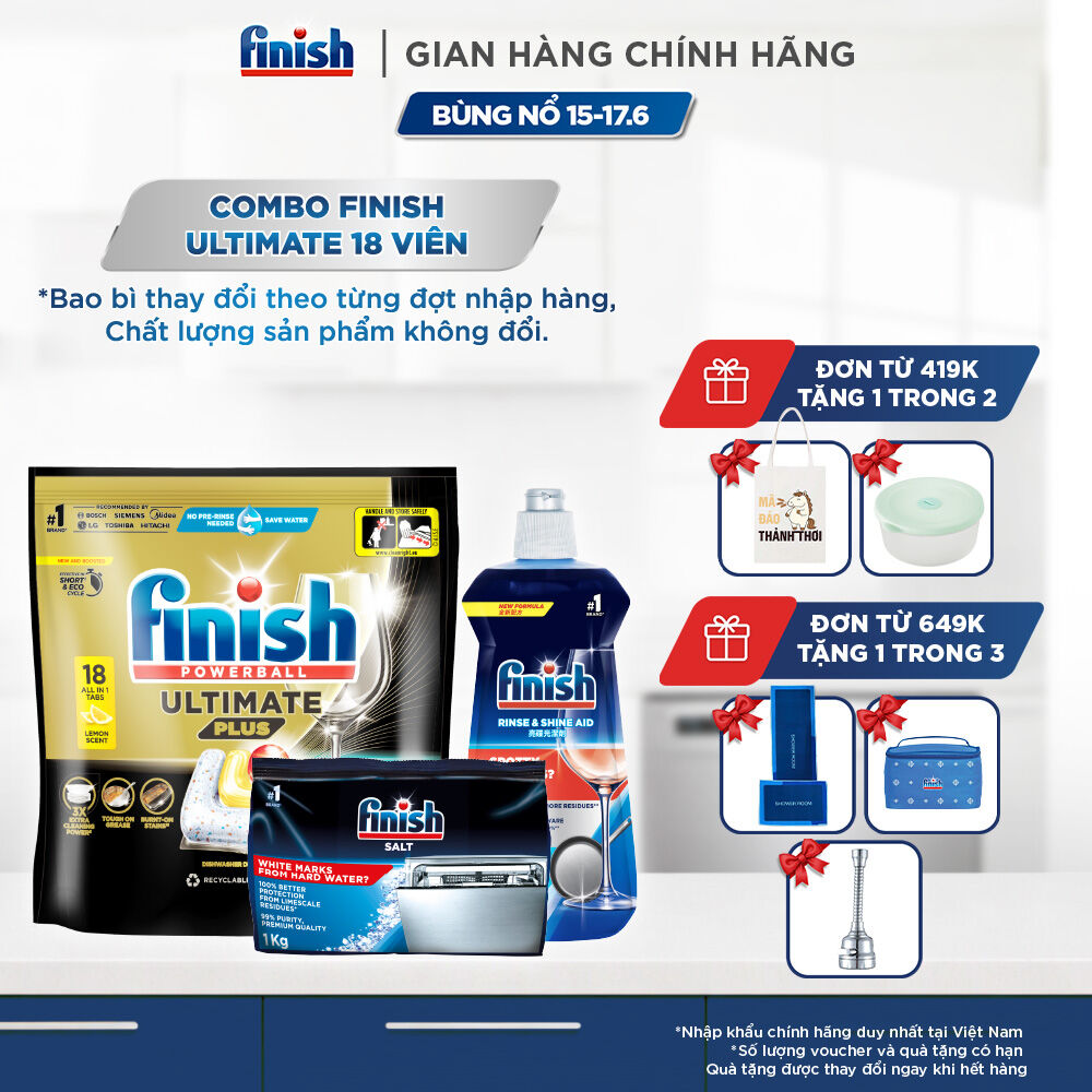 Combo Finish: Viên rửa chén Ultimate 18 viên + Nước làm bóng 500ml + Muối rửa chén 1kg