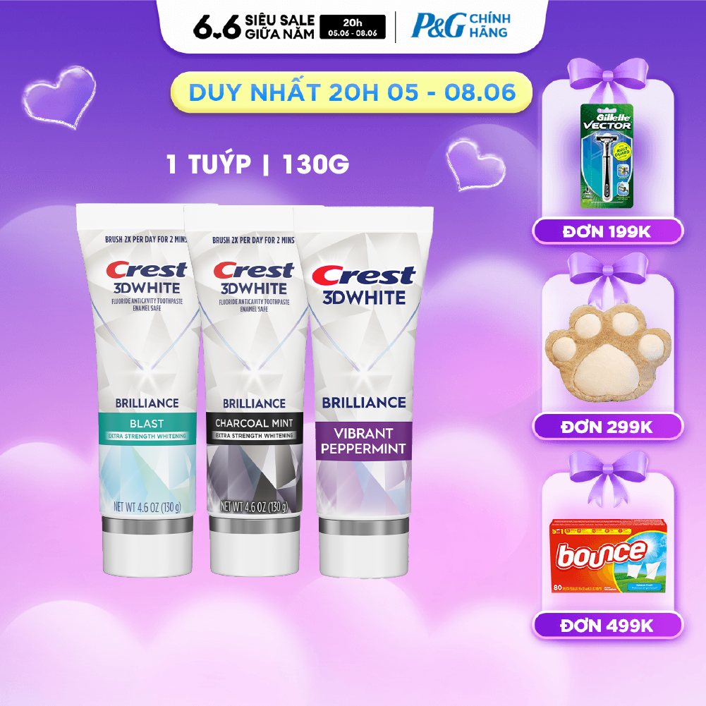 Kem đánh răng Crest 3D White Brilliance Trắng Sáng Vượt Trội hương Blast/ Charcoal Mint/ Peppermint Tuýp 130g/ 260g - Mỹ