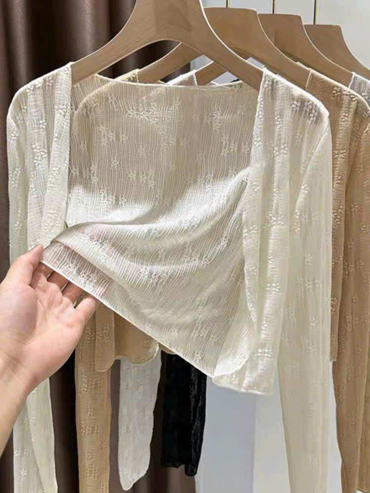 Áo Khoác Lửng Ren Mỏng Hoa Nổi Tay Dài