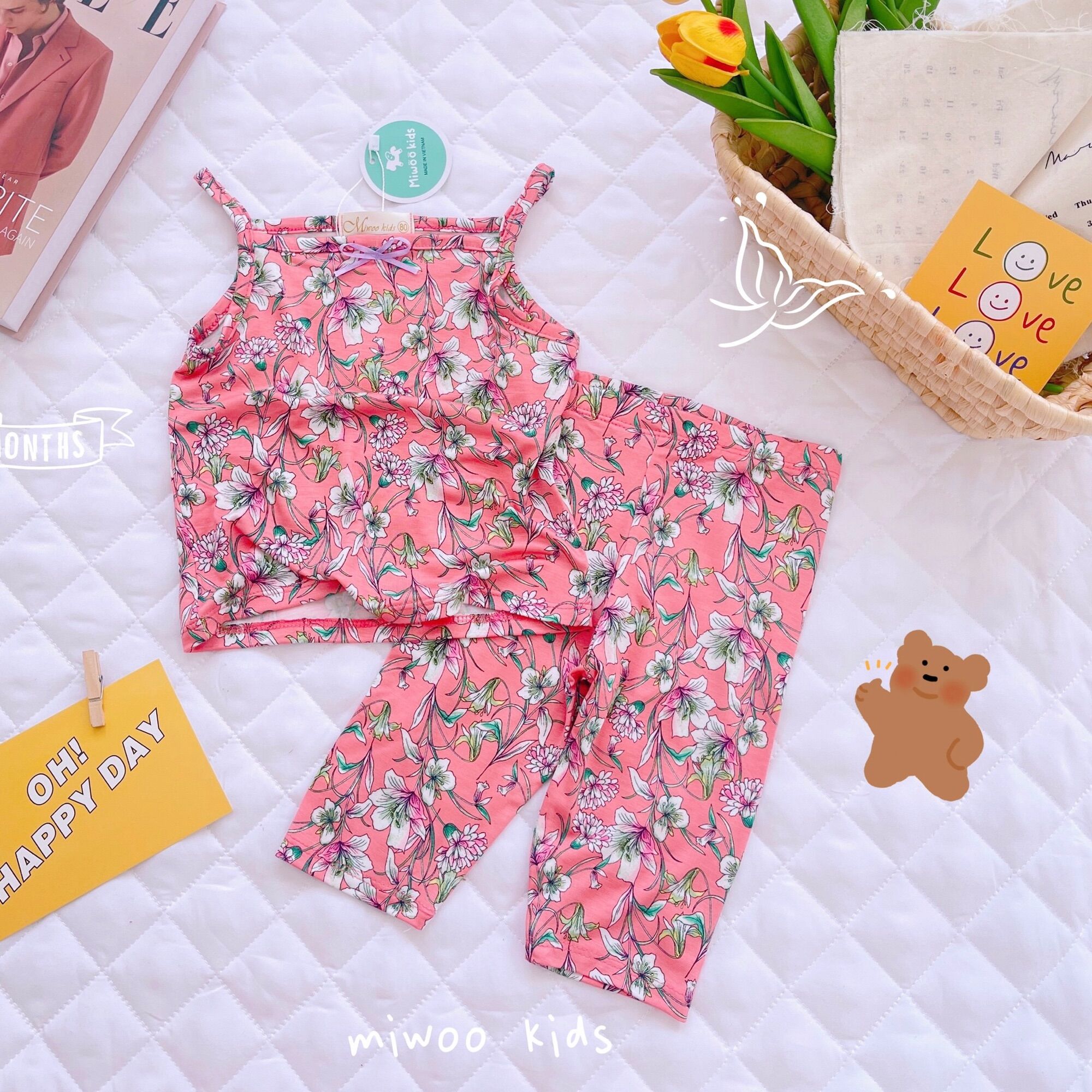 Bộ 2 dây bé gái quần lửng lụa hoa Miwoo xuất Nhật