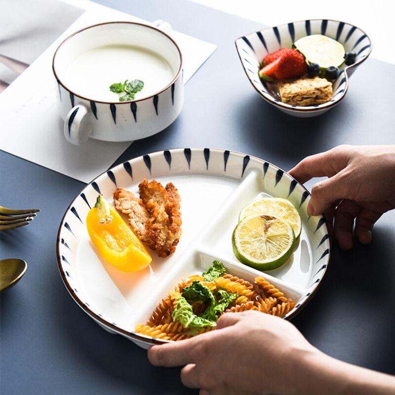 Phong cách nhật bản sáng tạo 3 phần gốm đĩa dùng tiệc người lớn ăn sáng bộ đồ ăn có đĩa cơm