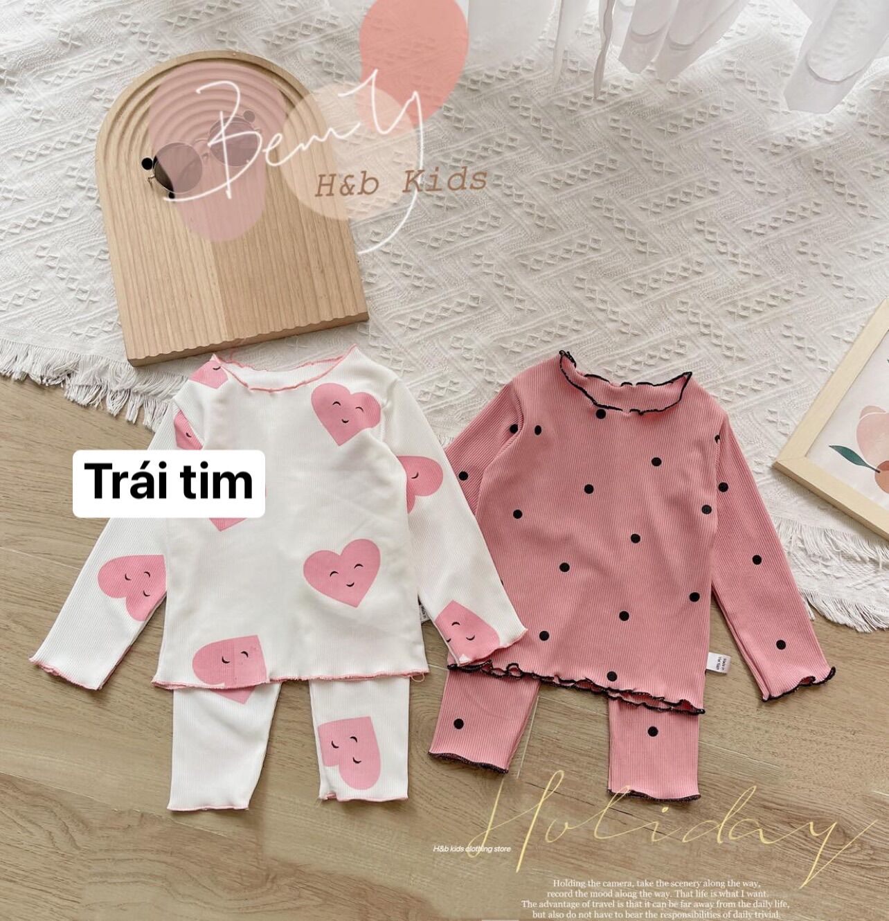 NT088 Bộ dài tay thun tăm viền bèo hình trái tim, chấm bi hồng cho bé gái