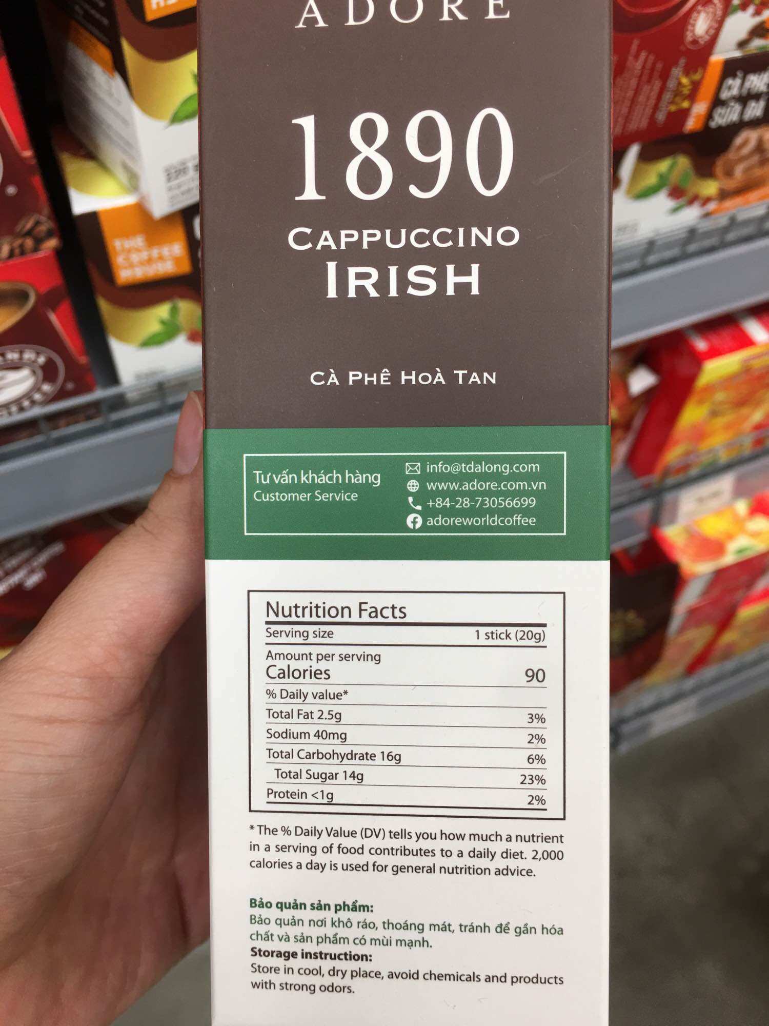 Cà Phê Hoà Tan Adore 1890 Cappuccino Irish (Hộp 10 Gói x 20g)
