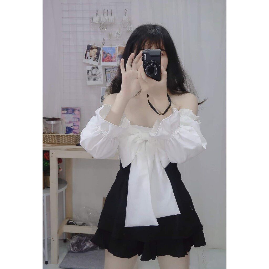 Set chân váy tennis + áo bẹt vai nơ to