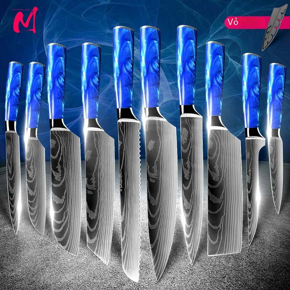 Bộ Dao Đầu Bếp Nhật Bản 7CR17 Dụng Cụ Nhà Bếp Damascus Bằng Thép Không Gỉ Carbon Cao - Santoku Slicer Cleaver Thân Thiện Với Môi Trường