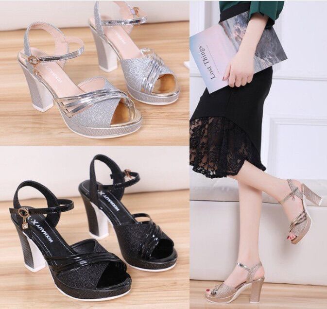 Giày sandal gót vuông ánh kim @9999&@@@