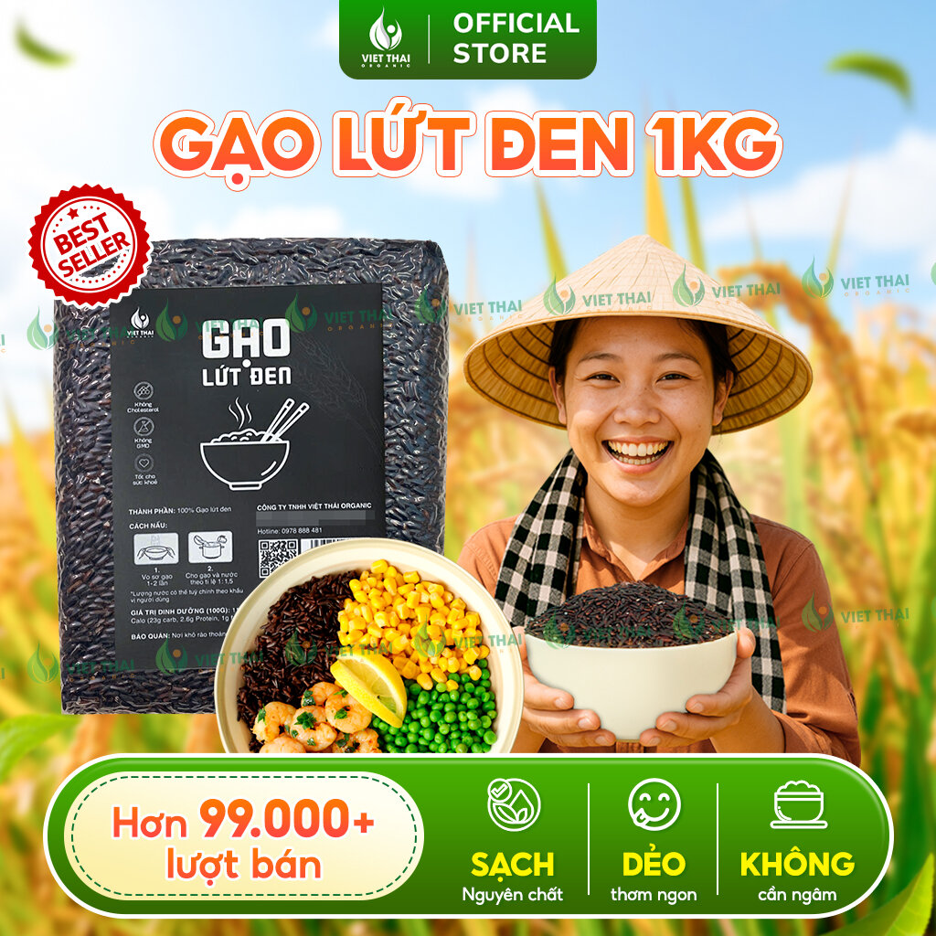 [DẺO MỀM] Gạo Lứt Đen Việt Thái Organic - Gạo Sạch Siêu Ngon Ít Calo Không Cần Ngâm Eat Clean Túi 1Kg