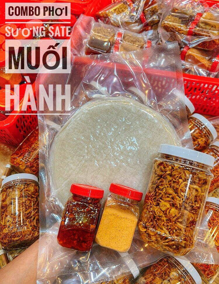 Bánh tráng phơi sương 500g,hủ muối tôm nhuyễn,+,100g hành phi+ ớt rim thơm ngon