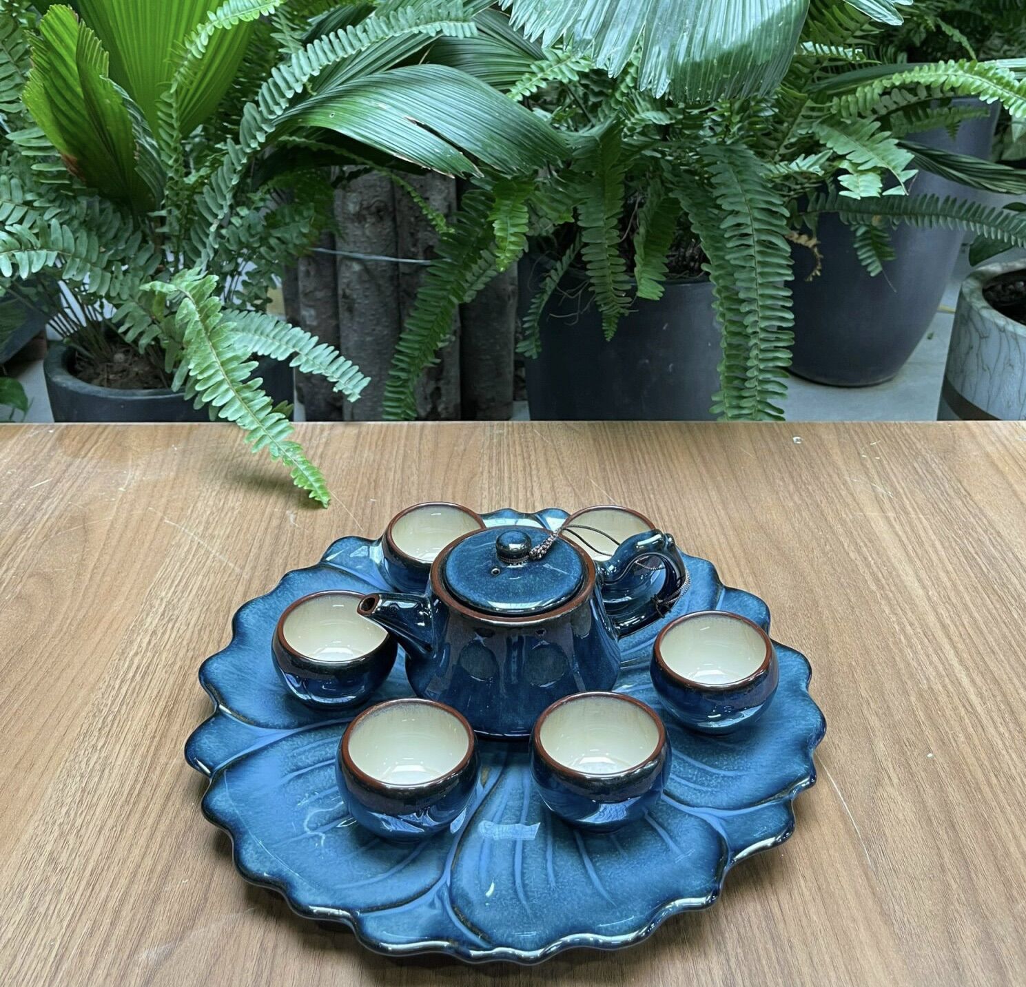 Bộ ấm trà men hỏa biến. Gốm sứ Bát Tràng.