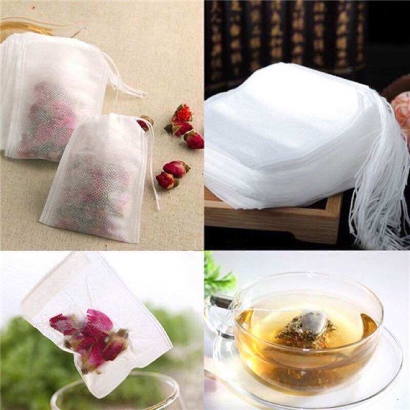 Set 100 túi lọc trà đựng phân tan chậm các loại, có dây rút tiện lợi