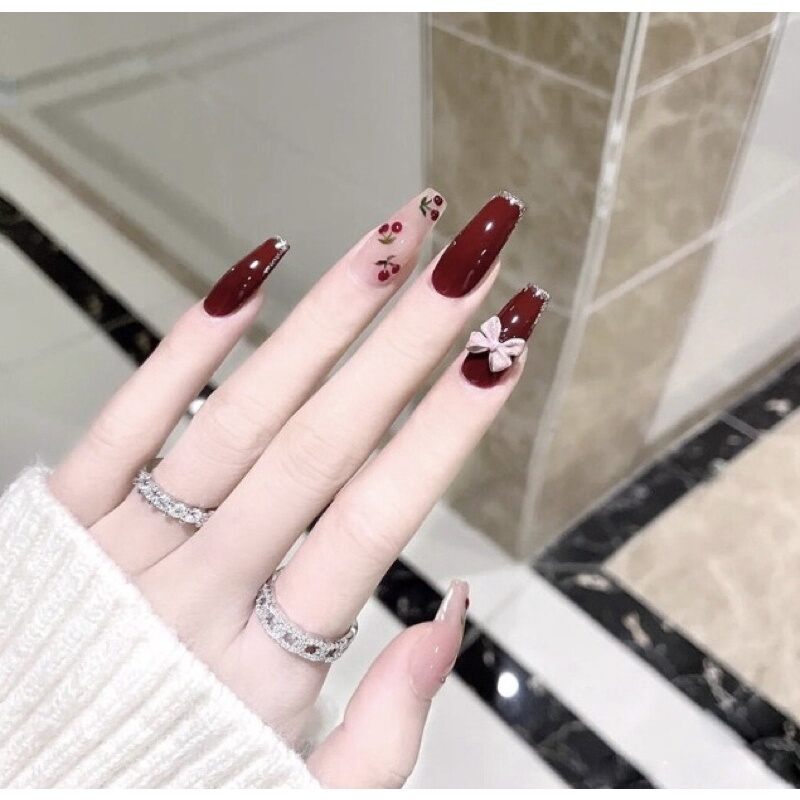24 PCs set fashion cherry blossom long false nails