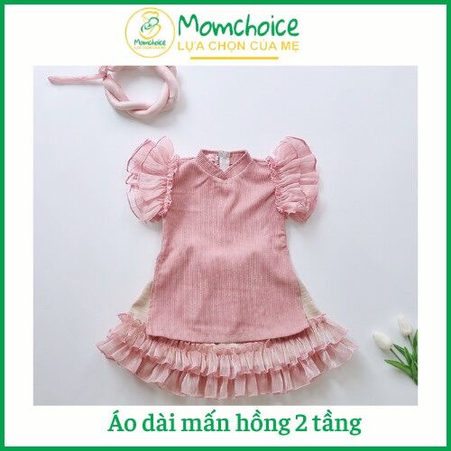 Áo Dài Cách Tân Hồng Phấn Cao Cấp Cho Bé Gái [MOMCHOICE] Áo Dài Bé Gái Kèm Chân Váy & Mấn Đội Đầu Từ 5-28kg. Chất Nhung Mặt Tăm Phối Tơ Ánh Nhũ.