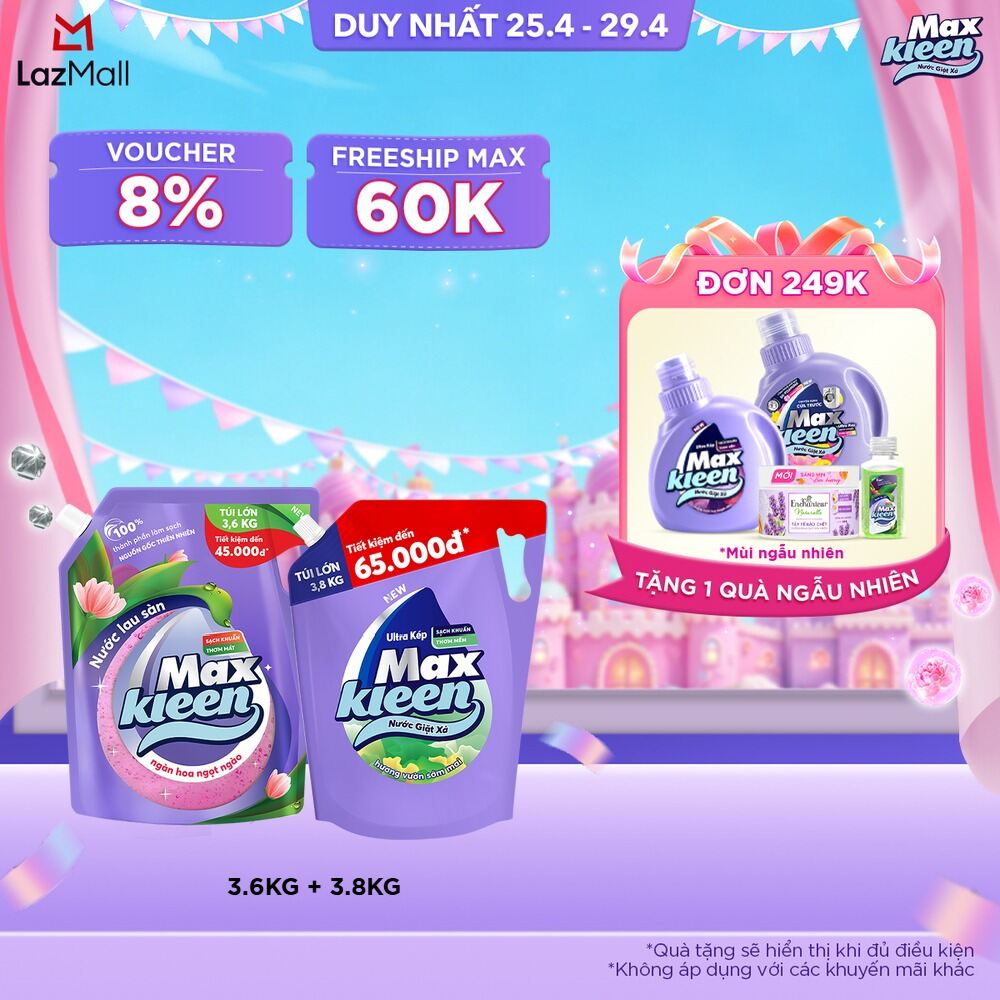 Combo Túi Nước Lau Sàn MaxKleen 3.6kg Ngàn hoa ngọt ngào + Túi Nước Giặt Xả MaxKleen 3.6kg/3.8kg (Hoa Nắng/Huyền Diêu/Vườn Sớm Mai/Thiên Nhiên)