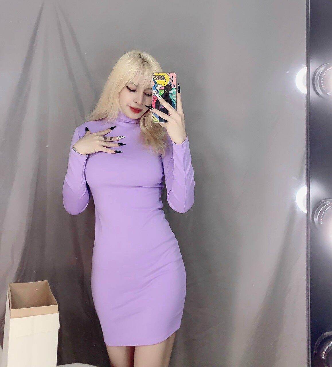 ĐẦM THUN BODY CỔ LỌ TAY DÀI