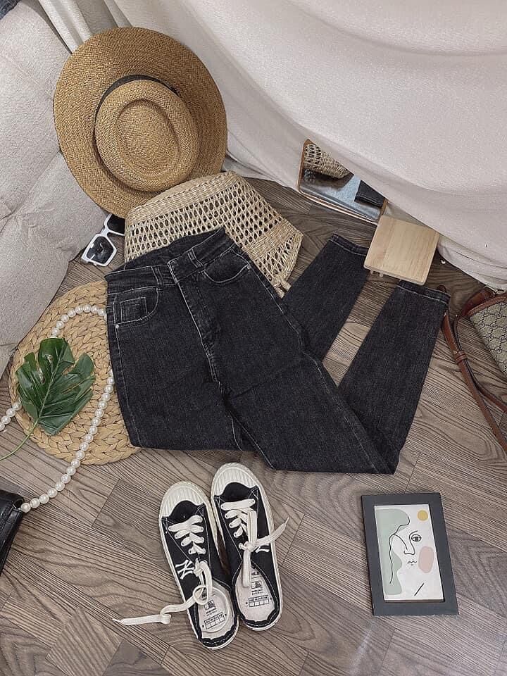quần jean bò cạp lưng cao trơn