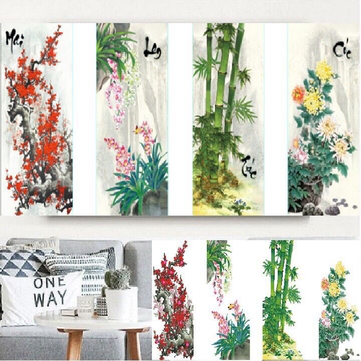 Tranh thêu chữ thập đào lan trúc cúc lv3266 130x59cm chưa thêu