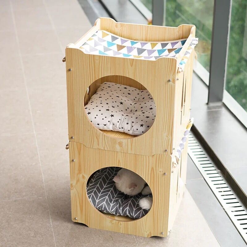 Ổ mèo, catbox, ổ nằm bằng gỗ cho mèo, kết hợp võng cho mèo