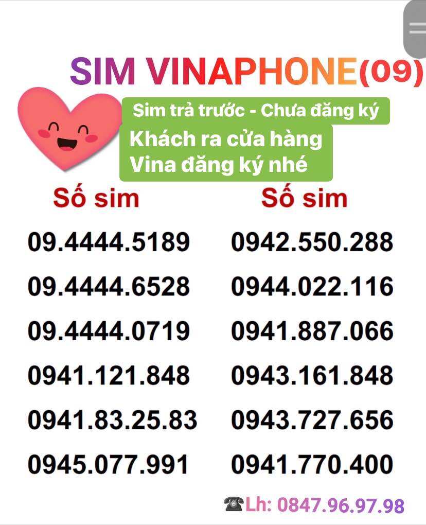 Sim Vina Dễ Nhớ Đầu Số 09 (Sim chưa đăng ký thông tin, khách tự đk sim tại cửa hàng nhà mạng nhé)