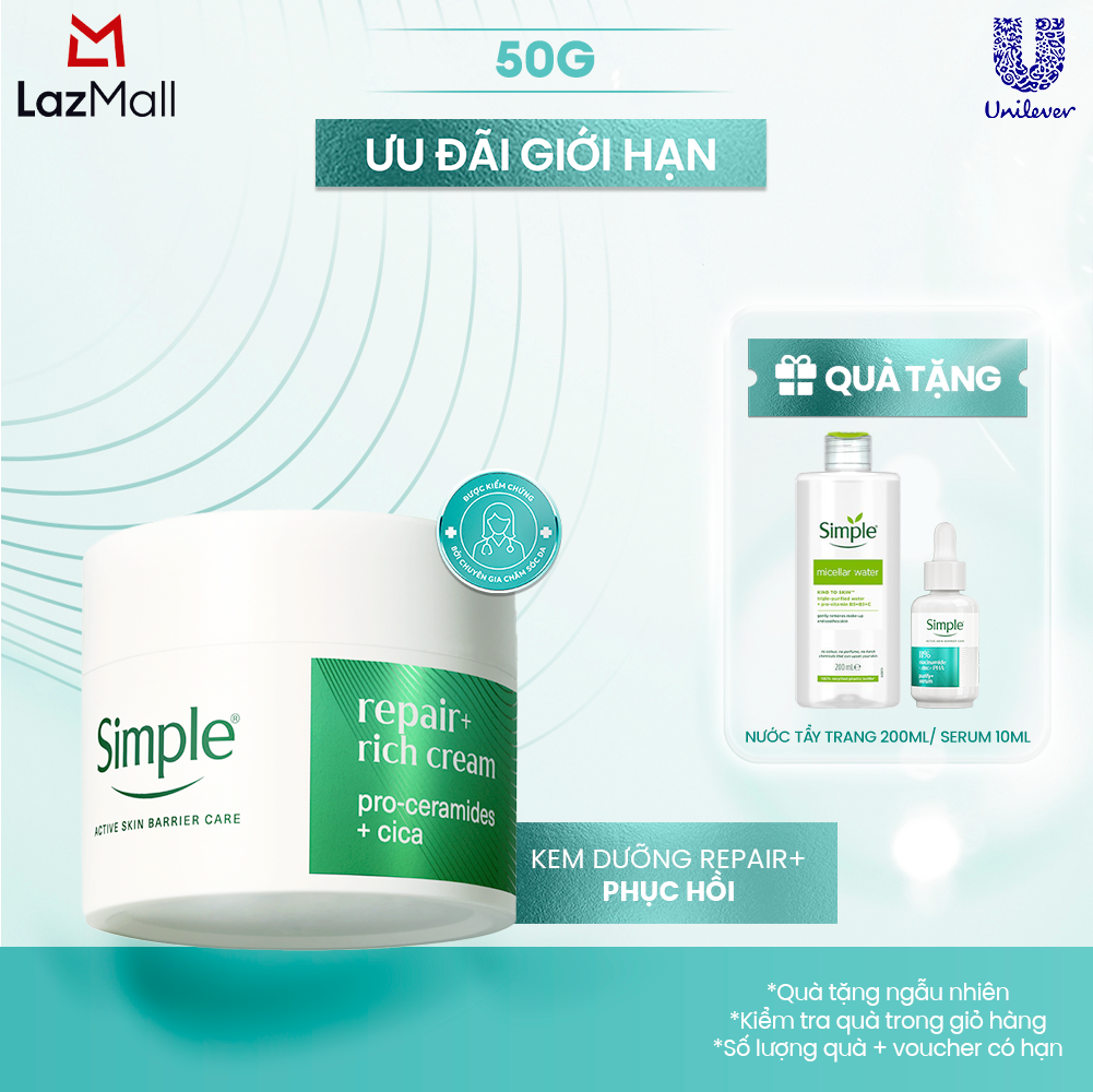 [MỚI] Kem Dưỡng Simple Repair+ 50ml Cải Thiện Hàng Rào Bảo Vệ Da Sau 2 Giờ - phục hồi