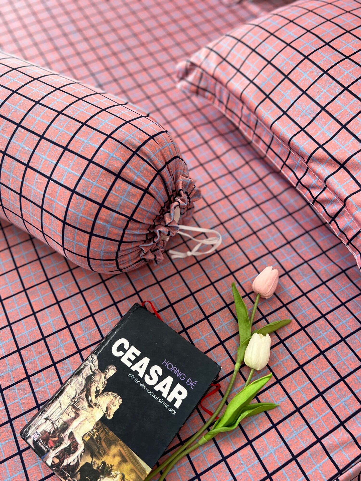 Bộ drap thun Hàn quốc 4 món hoạ tiết caro ( không phối)