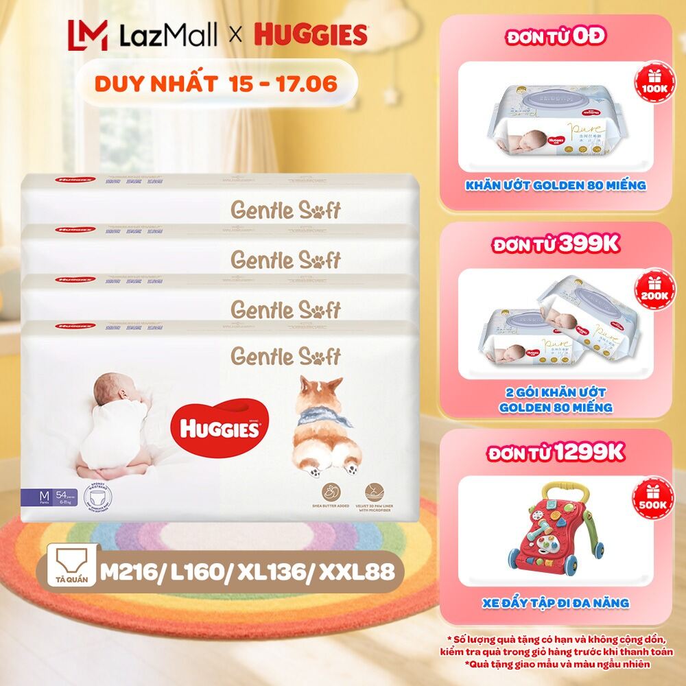 Combo 4 Tã quần Huggies Gentle Soft - Corgi M54/L40/XL34/XXL22 miếng êm mềm nâng niu làn da bé