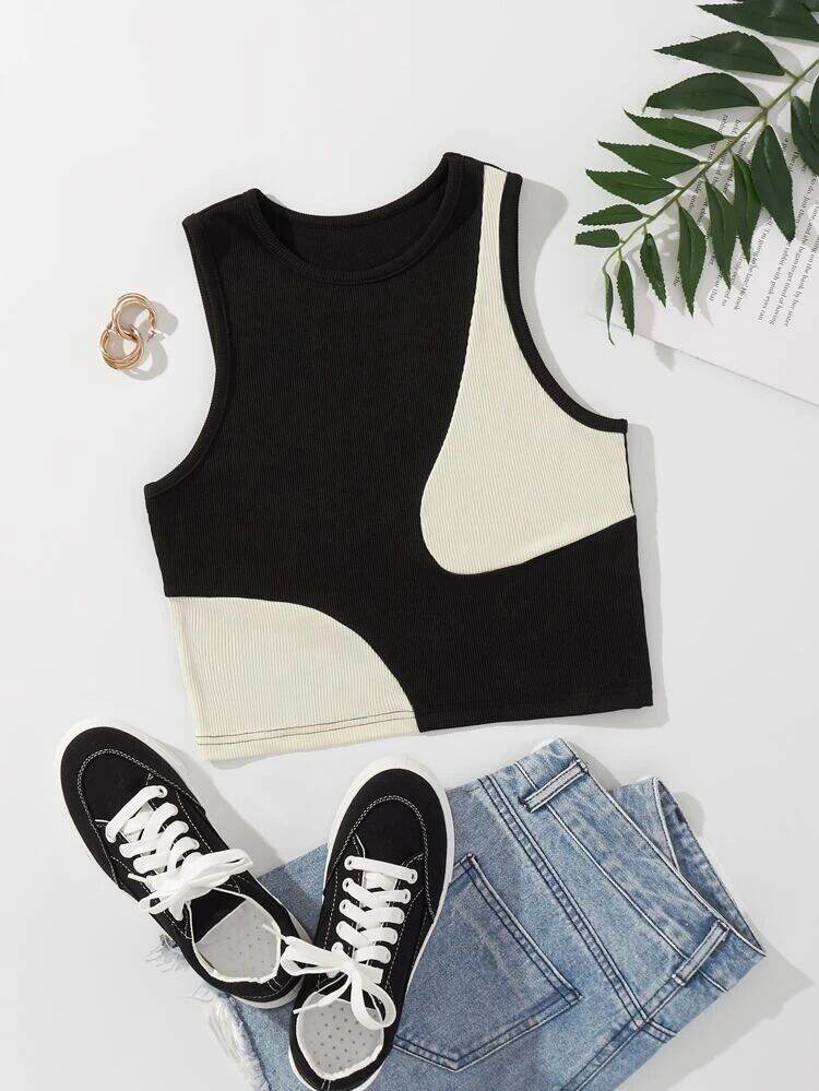Áo croptop ĐEN Vá 2 mảnh kem (1210)