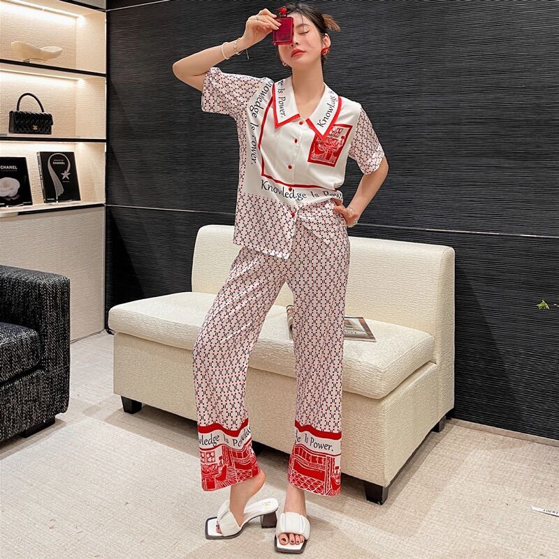 Pijama lụa cao cấp Quảng Châu áo cộc quần dài [ảnh thật]