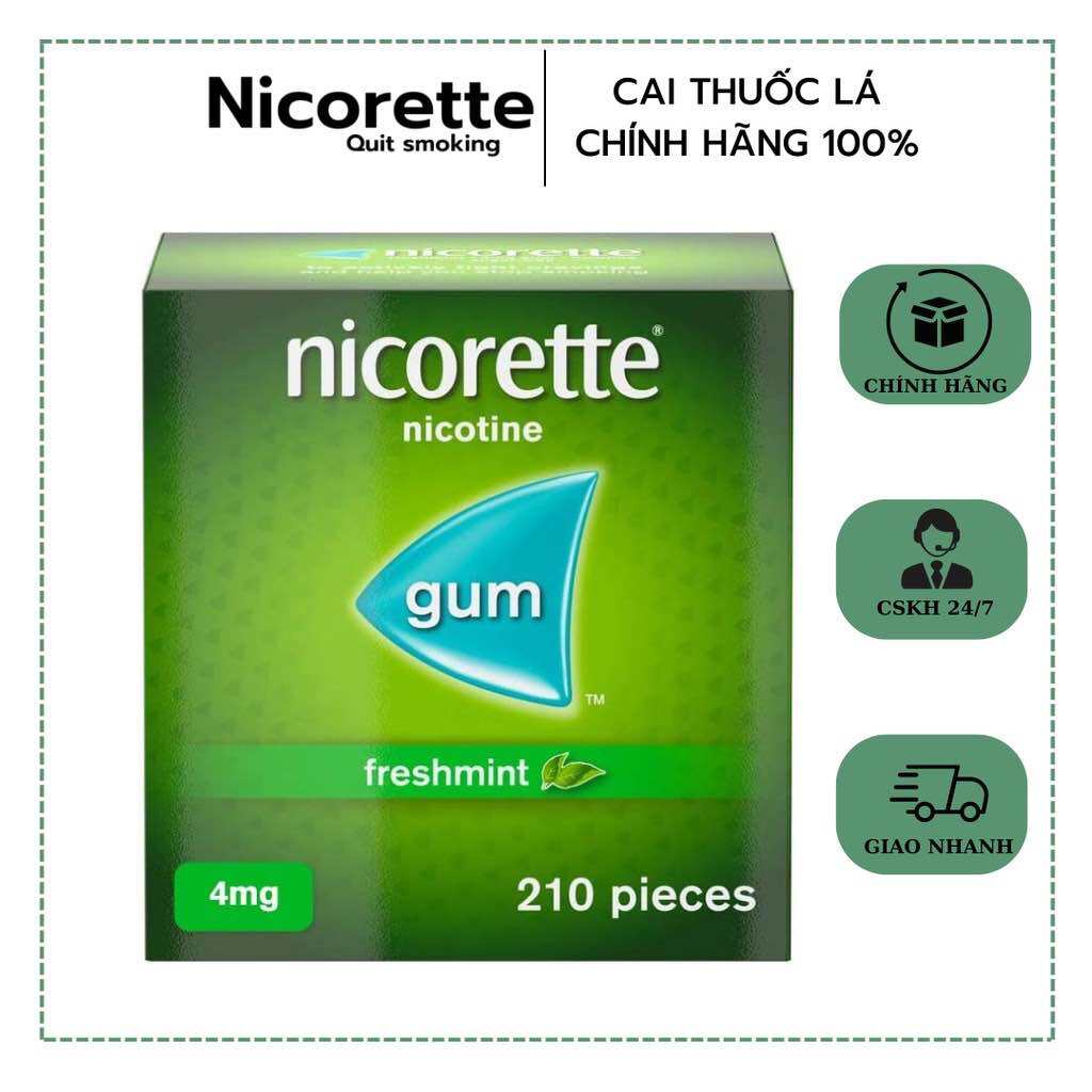 Kẹo gum Nicorette 4mg 210v cai thuốc lá - Nicorette Gum 4 mg Fresh Mint, Nicotine Gum, Fast Craving 