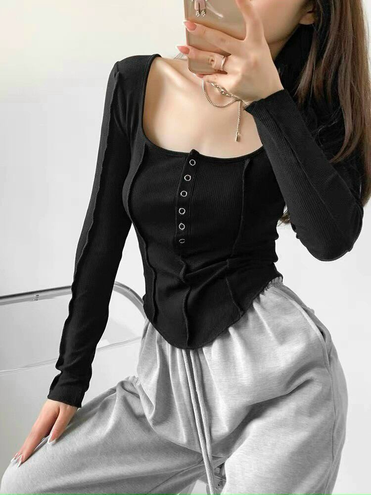 Áo Cổ U Nút Bấm Tay Dài Thun Gân